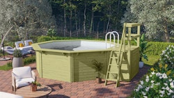 Karibu Pool Modell X1 400 x 400 cm mit Terrasse - kesseldruckimprägniert/wassergrau mit Metallecken inkl. gratis Pool-Pflegeset
