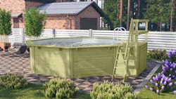 Karibu Pool Modell X2 470 x 470 cm mit Terrasse - kesseldruckimprägniert/wassergrau mit Metallecken inkl. gratis Pool-Pflegeset