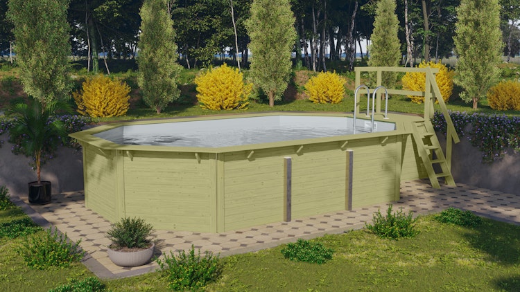 Karibu Pool Modell X4 610 x 400 cm mit Terrasse - kesseldruckimprägniert mit Metallecken inkl. gratis Pool-Pflegeset (Gesamtwert 69 €)