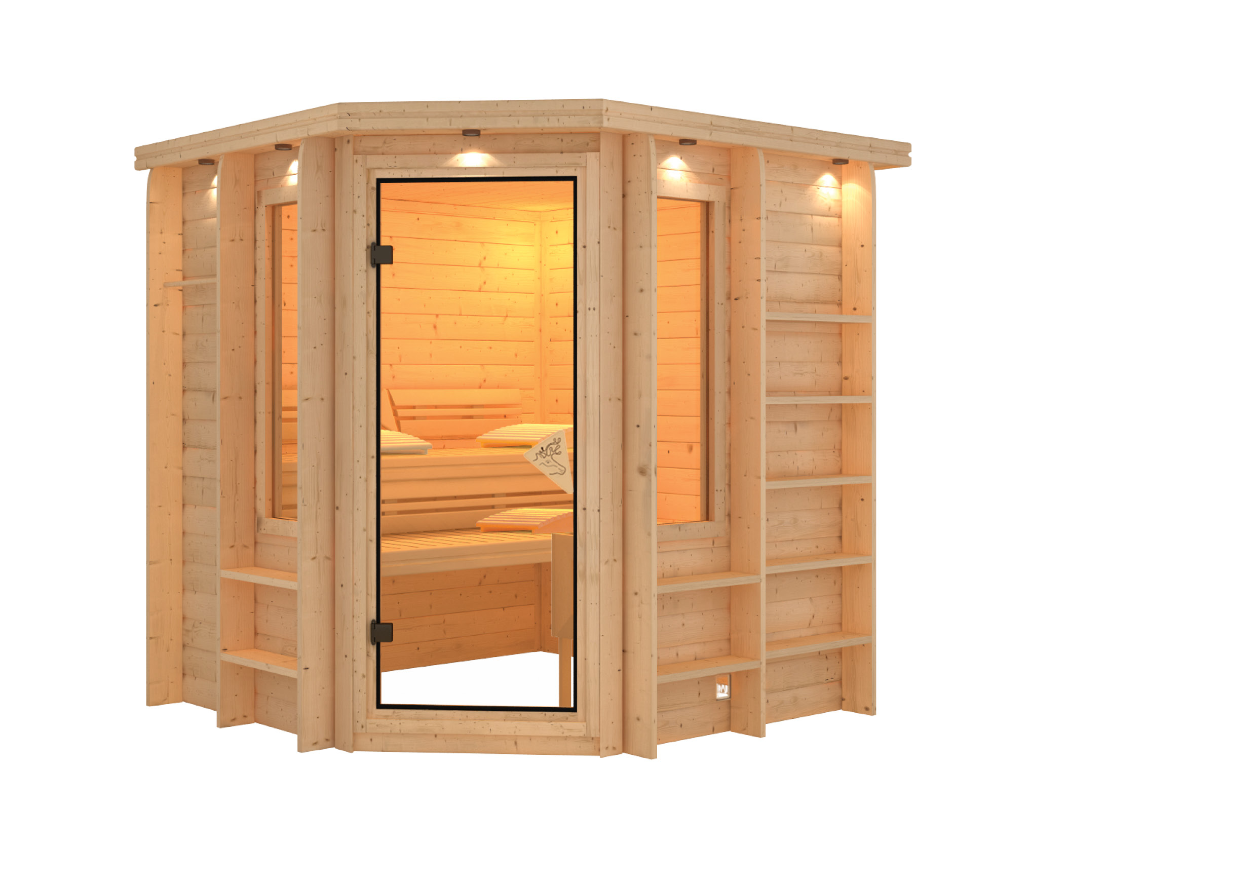 Vorschaubild Galerie Karibu Sauna Cortona - 38 mm Premiumsauna - Eckeinstieg inkl. 9-teiligem gratis Zubehörpaket