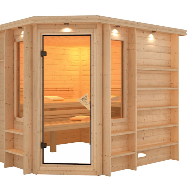 Karibu Sauna Marona - 38 mm Premiumsauna - Eckeinstieg inkl. 9-teiligem  gratis Zubehörpaket | Saunashop
