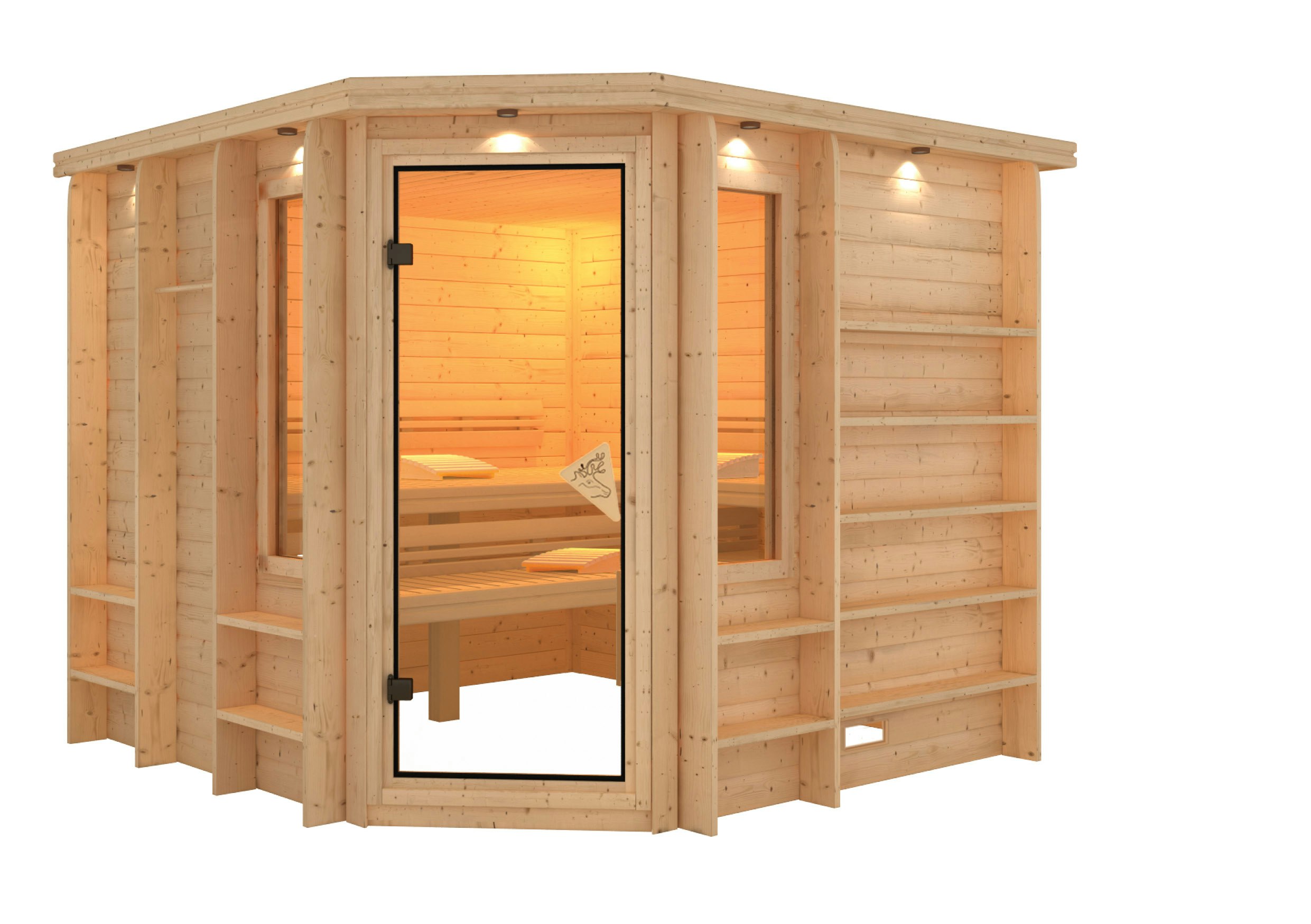 Karibu Sauna Marona - 38 mm Premiumsauna - Eckeinstieg inkl. 9-teiligem gratis Zubehörpaket