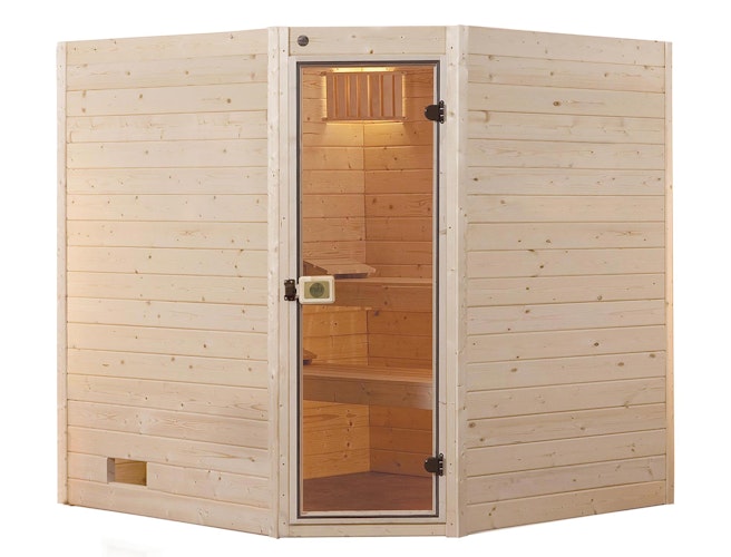 Weka Sauna Valida Eck Gr. 2 mit Glastür+Fenster - Massivholzsauna 38 mm inkl. gratis Sauna-Set im Wert von 240,40 € (10-teilig) Bild