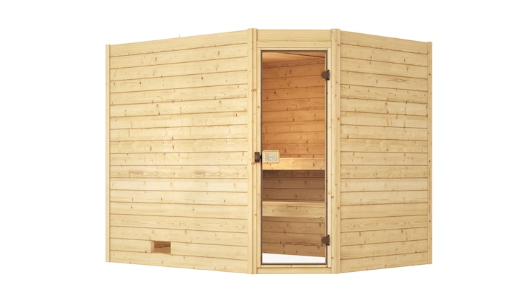 Weka Sauna Valida Eck Gr. 3 mit Glastür+Fenster - Massivholzsauna 38 mm mit Eckeinstieg inkl. gratis Sauna-Set im Wert von 240,40 € (10-teilig) Bild