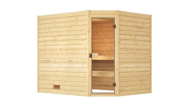 Weka Sauna Valida Eck Gr. 3 mit Glastür - Massivholzsauna 38 mm mit Eckeinstieg inkl. 10-teiligem gratis Zubehörset (Gesamtwert 237,40 €) Vorschaubild Galerie