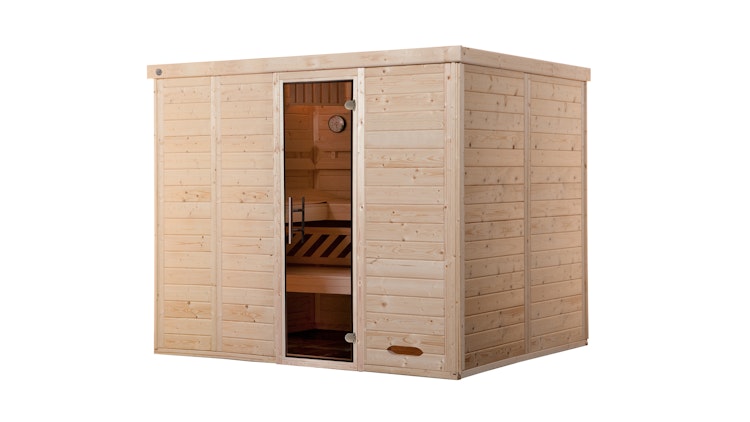 Weka Premium Massivholz-Elementsauna Kemi 5 mit Glastür - 45 mm inkl. gratis Sauna-Set im Wert von 240,40 € (10-teilig) Bild