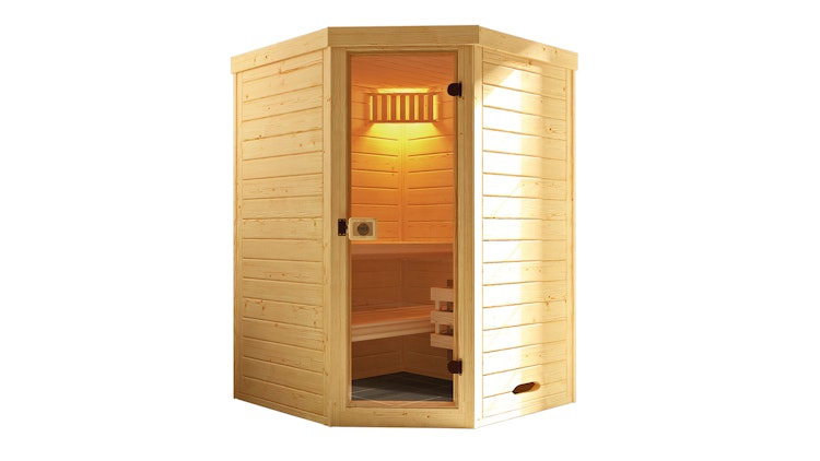 Weka Massivholz-Elementsauna Laukkala 1 mit Glastüre - 38 mm mit Eckeinstieg inkl. gratis Sauna-Set im Wert von 240,40 € (10-teilig) Bild