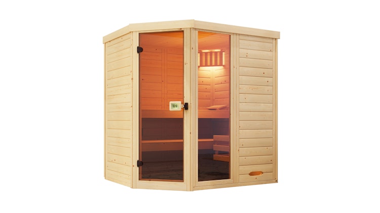 Weka Massivholz-Elementsauna Laukkala 2 mit Glastüre+Fenster - 38 mm mit Eckeinstieg inkl. gratis Sauna-Set im Wert von 240,40 € (10-teilig) Bild