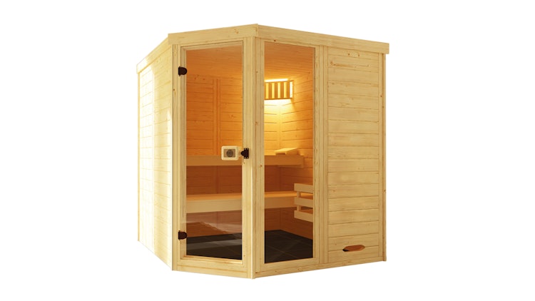 Weka Massivholz-Elementsauna Laukkala 3 mit Glastür+Fenster - 38 mm mit Eckeinstieg inkl. gratis Sauna-Set im Wert von 240,40 € (10-teilig) Bild