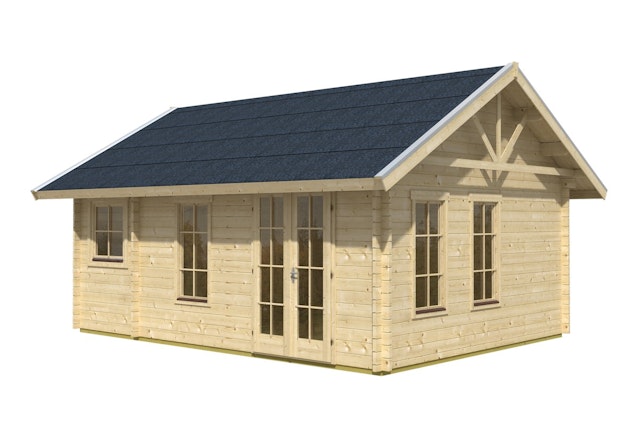 Skan Holz 45 mm Blockbohlenhaus Bern 2 inkl. gratis Dachschindeln in Wunschfarbe & Fundamentanker/Pads Vorschaubild Galerie