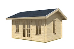 Skan Holz 70 mm Blockbohlenhaus Montreal 1 inkl. gratis Dachschindeln in Wunschfarbe & Fundamentanker/Pads