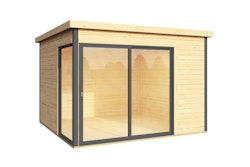 Weka Designhaus 412 Gr. 1 mit Glasschiebetür (Homeoffice-Gartenhaus) - 44 mm naturbelassen 300 x 300 cm - 50 % Rabatt auf Dacheindeckung