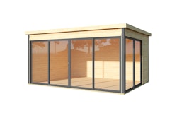 Weka Designhaus 412 Gr. 2 mit Glasschiebetür (Homeoffice-Gartenhaus) - 44 mm naturbelassen 418 x 322 cm - 50 % Rabatt auf Dacheindeckung