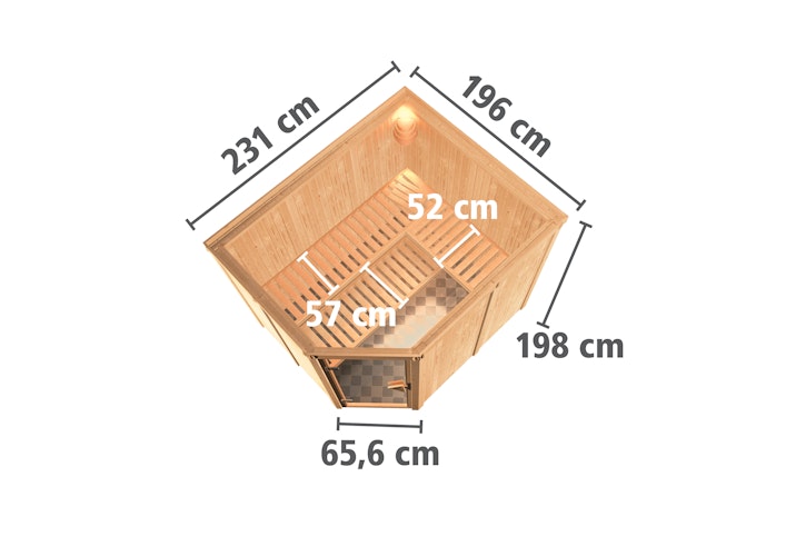 Karibu Sauna Malin mit Eckeinstieg 68 mm inkl. gratis Saunaofen & 8-teiligem Zubehörpaket (Gesamtwert 1071,91€) Bild