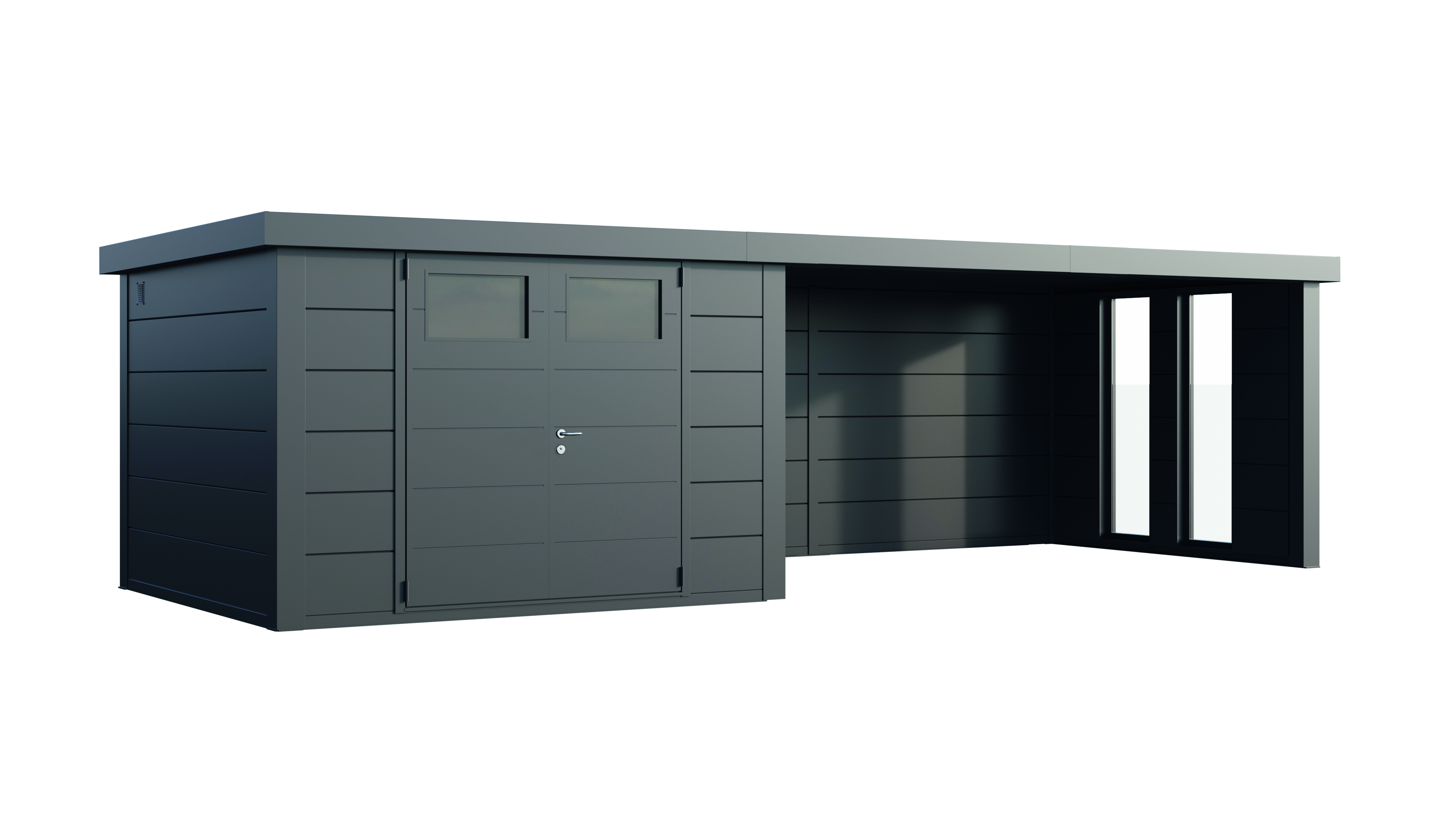 Vorschaubild Galerie Wolff Finnhaus Metallgerätehaus Eleganto 3330 mit Lounge Anbau (ca. 450 cm Breite) inkl. 2 Fenstern