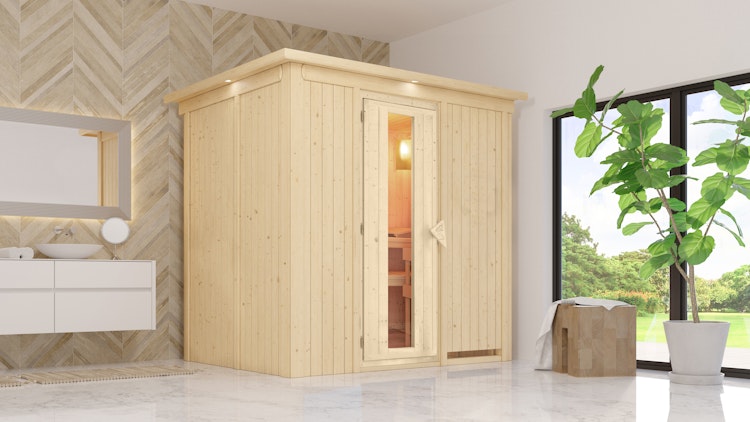 Karibu Energiespar-Sauna Benin mit Fronteinstieg 68 mm inkl. gratis Saunaofen & 8-teiligem Zubehörpaket (Gesamtwert 1071,91€) Bild