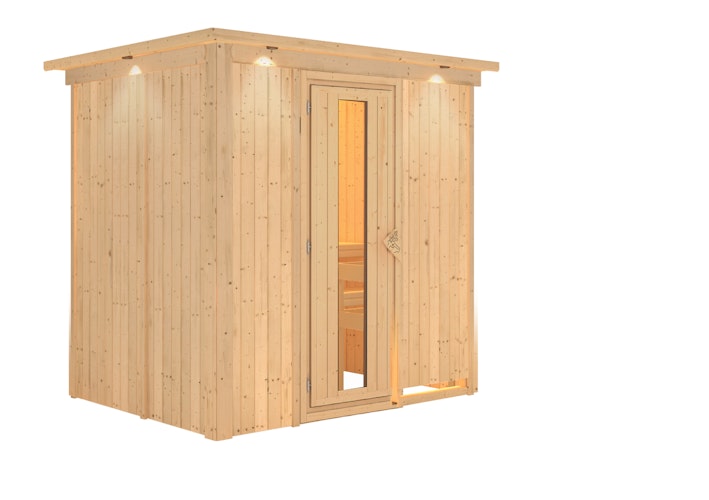 Karibu Energiespar-Sauna Benin mit Fronteinstieg 68 mm inkl. gratis Saunaofen & 8-teiligem Zubehörpaket (Gesamtwert 1071,91€) Bild