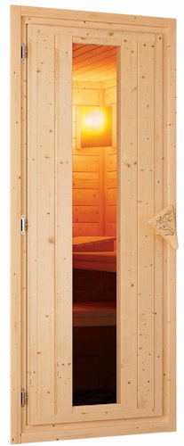 Karibu Energiespar-Sauna Benin mit Fronteinstieg 68 mm inkl. gratis Saunaofen & 8-teiligem Zubehörpaket (Gesamtwert 1071,91€) Bild