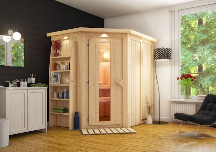 Karibu Energiespar-Sauna Caspin mit Eckeinstieg 68 mm inkl. gratis Saunaofen & 8-teiligem Zubehörpaket (Gesamtwert 1071,91€) Bild