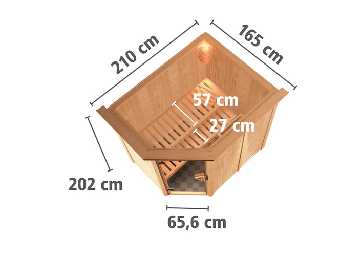 Karibu Energiespar-Sauna Caspin mit Eckeinstieg 68 mm inkl. gratis Saunaofen & 8-teiligem Zubehörpaket (Gesamtwert 1071,91€) Bild