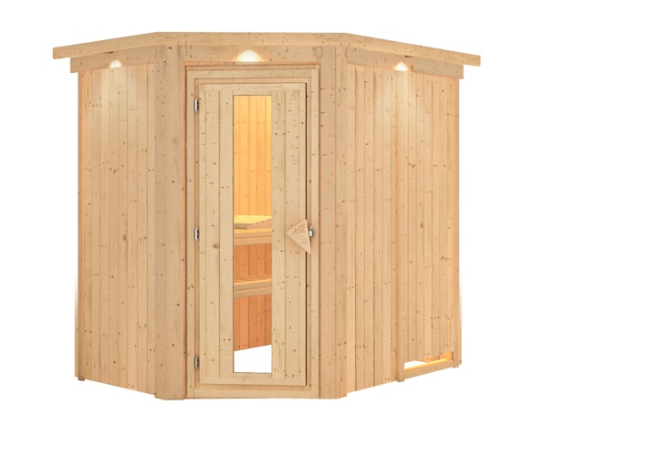 Karibu Energiespar-Sauna Caspin mit Eckeinstieg 68 mm inkl. gratis Saunaofen & 8-teiligem Zubehörpaket (Gesamtwert 1071,91€) Bild