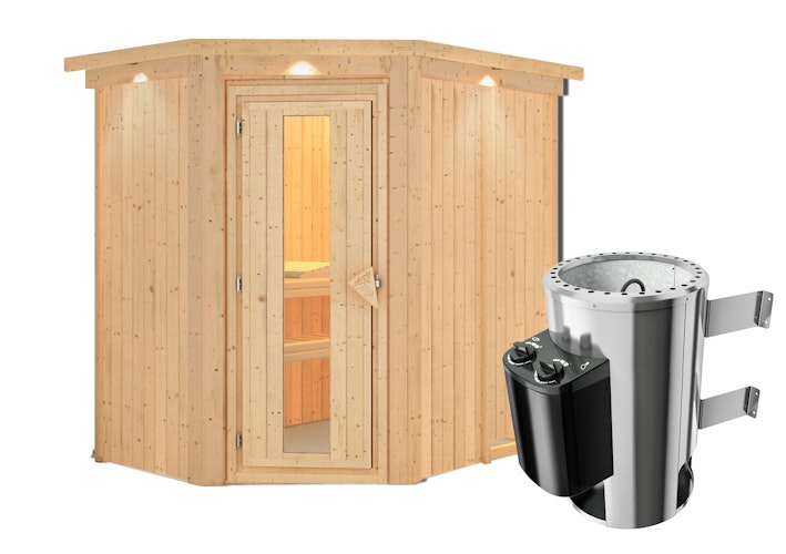 Karibu Energiespar-Sauna Caspin mit Eckeinstieg 68 mm inkl. gratis Saunaofen & 8-teiligem Zubehörpaket (Gesamtwert 741,91€)