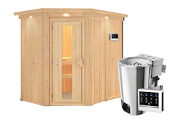 B-Ware Karibu Energiespar-Sauna Caspin mit Eckeinstieg 68 mm inkl. 3,6 kW Plug&Play Bio-Kombiofen externer Steuerung Easy (Zustand gebraucht und teilmontiert)