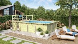 Karibu Rechteck Pool Gr. 2 - 350 x 440 cm - kesseldruckimprägniert Sparset mit Filteranlage inkl. gratis Pool-Pflegeset