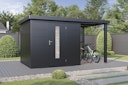 Vorschaubild Wolff Finnhaus Premium Metall Gartenhaus Thorin 3924 Anthrazit inkl. 150 cm Anbaudach inkl. gratis Fußboden (Wert 539 €)