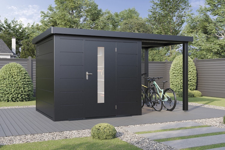 Wolff Finnhaus Premium Metall Gartenhaus Thorin 3924 Anthrazit inkl. 150 cm Anbaudach inkl. gratis Fußboden (Wert 539 €)