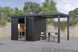 Wolff Finnhaus Premium Metall Gartenhaus Thorin 4824 Anthrazit inkl. 240 cm Anbaudach
