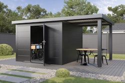 Wolff Finnhaus Premium Metall Gartenhaus Thorin 5424 Anthrazit inkl. 240 cm Anbaudach