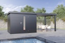 Wolff Finnhaus Premium Metall Gartenhaus Thorin 6024 Anthrazit inkl. 300 cm Anbaudach