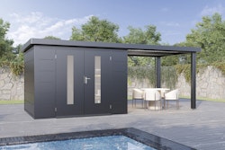 Wolff Finnhaus Premium Metall Gartenhaus Elvar 6024 Anthrazit inkl. 300 cm Anbaudach