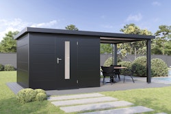 Wolff Finnhaus Premium Metall Gartenhaus Thorin 6030 Anthrazit inkl. 300 cm Anbaudach
