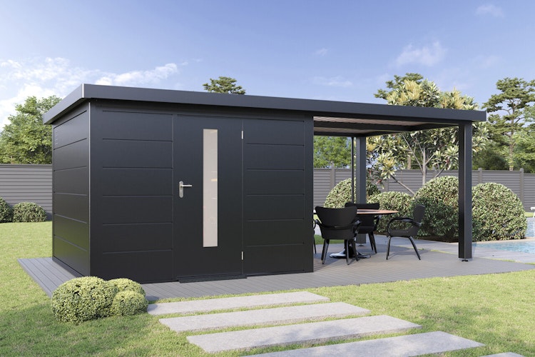 Wolff Finnhaus Premium Metall Gartenhaus Thorin 6030 Anthrazit inkl. 300 cm Anbaudach