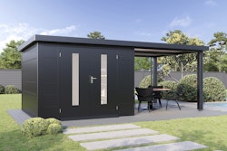 Wolff Finnhaus Premium Metall Gartenhaus Elvar 6030 Anthrazit inkl. 300 cm Anbaudach