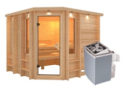 Karibu Sauna Marona - 38 mm Premiumsauna - Eckeinstieg inkl. 9-teiligem gratis Zubehörpaket