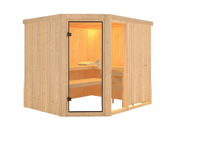 Karibu Sauna Fiona 3 mit Eckeinstieg 68 mm inkl. gratis Saunaofen & 8-teiligem Zubehörpaket (Gesamtwert 1071,91€) Bild