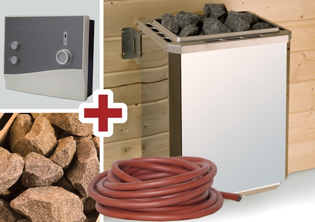 Weka Technikpaket inkl. 9 kW Ofen, Saunasteine, Anschlusskabel und Steuergerät für Saunahaus Naantali / Kuopio / Farsund Vorschaubild Galerie