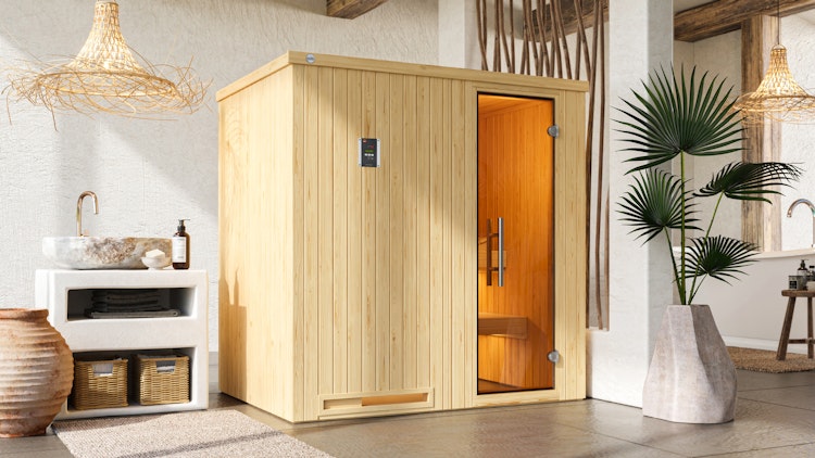 Weka Sauna Halmstad 1 mit Glastür und Fronteinstieg - 68 mm inkl. gratis Sauna-Set im Wert von 240,40 € (10-teilig) Bild