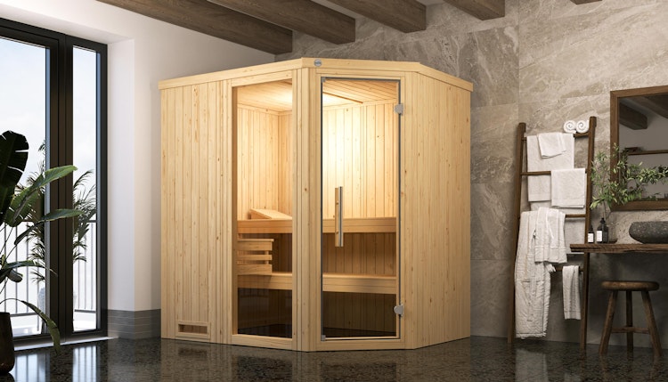 Weka Elementsauna Varberg 1 mit Eckeinstieg - 68 mm inkl. gratis Sauna-Set im Wert von 240,40 € (10-teilig) Bild