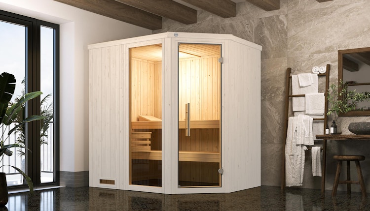 Weka Elementsauna Varberg 1 Trend mit Eckeinstieg & weiß lasierten Fronten - 68 mm inkl. gratis Sauna-Set im Wert von 240,40 € (10-teilig) Bild