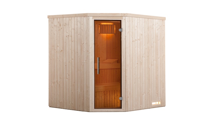 Weka Sauna Kiruna 2 mit Glastür und Eckeinstieg 230 V - 68 mm - "Alles dabei" inkl. gratis Sauna-Set im Wert von 240,40 € (10-teilig)