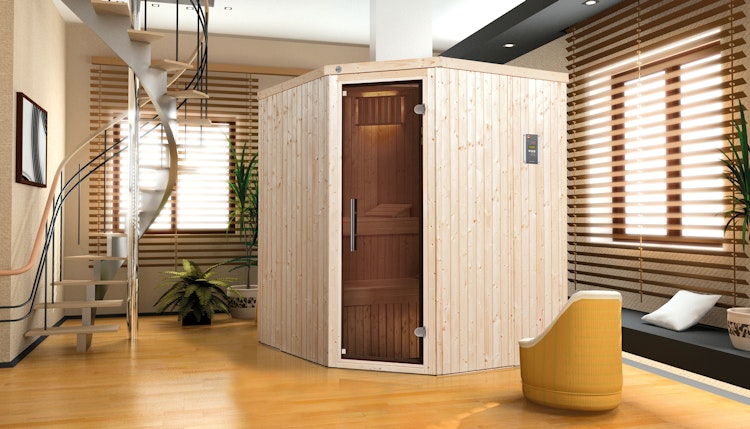 Weka Sauna Kiruna 2 mit Glastür und Eckeinstieg 230 V - 68 mm - "Alles dabei" inkl. gratis Sauna-Set im Wert von 240,40 € (10-teilig)