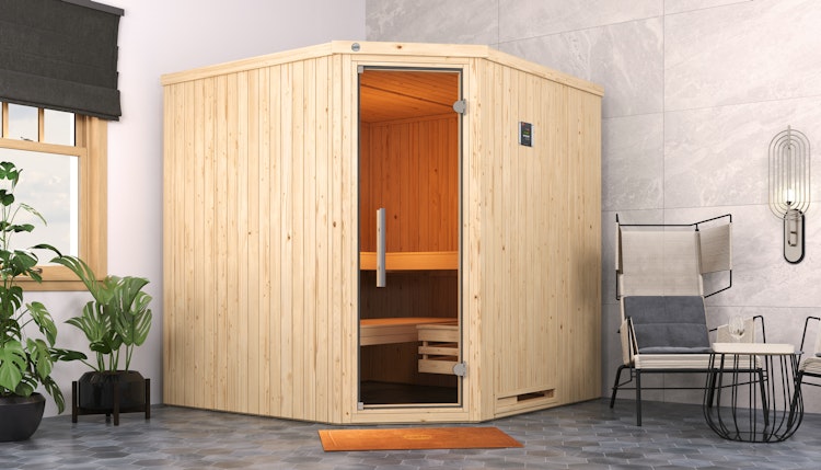 Weka Elementsauna Varberg 3 - 68 mm Sparset 2 inkl. 7,5 kW Bioaktiv-Ofen mit Steuergerät inkl. gratis Sauna-Set im Wert von 240,40 € (10-teilig) Bild