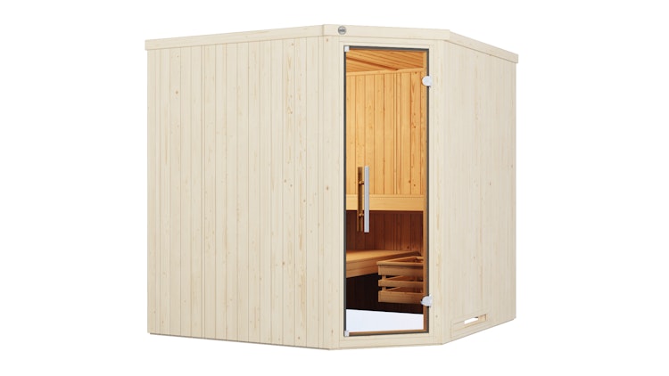 Weka Elementsauna Varberg 3 Trend Familiensauna mit Eckeinstieg & weiß lasierten Fronten - 68 mm inkl. gratis Sauna-Set im Wert von 240,40 € (10-teilig) Bild