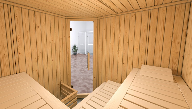 Weka Elementsauna Varberg 3 Trend Familiensauna mit Eckeinstieg & weiß lasierten Fronten - 68 mm inkl. gratis Sauna-Set im Wert von 240,40 € (10-teilig) Bild