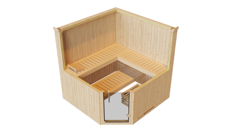 Weka Elementsauna Varberg 3 Trend Familiensauna mit Eckeinstieg & weiß lasierten Fronten - 68 mm inkl. gratis Sauna-Set im Wert von 240,40 € (10-teilig) Bild