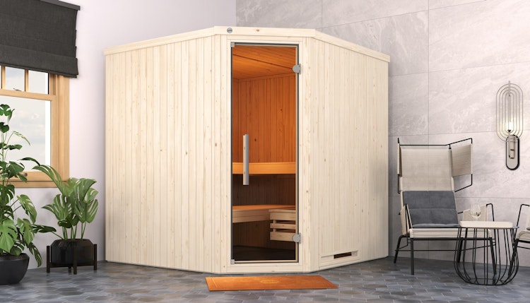 Weka Elementsauna Varberg 3 Trend Familiensauna mit Eckeinstieg & weiß lasierten Fronten - 68 mm inkl. gratis Sauna-Set im Wert von 240,40 € (10-teilig) Bild